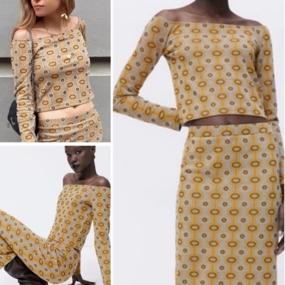 Zara Jacquard Geometric Print Knit Long Sleeve Off Shoulder Crop Top Size L - Picture 3 of 14